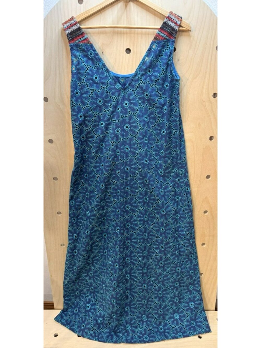 Save The Queen Italy Teal & Blue Eyelet Cotton Midi Dress Belted Boho Size M - Picture 8 of 16